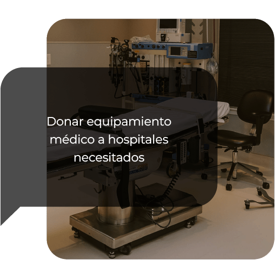 Appealing to donate medical equipment to hospitals in need, shown with hospital gear and a Spanish message overlaid.