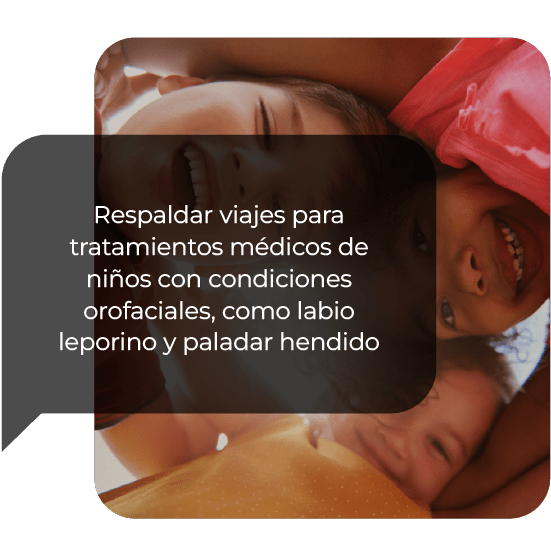 Smiling children gathered together; a dark caption explains funding travel for medical treatment of kids with orofacial conditions like cleft lip and palate.
